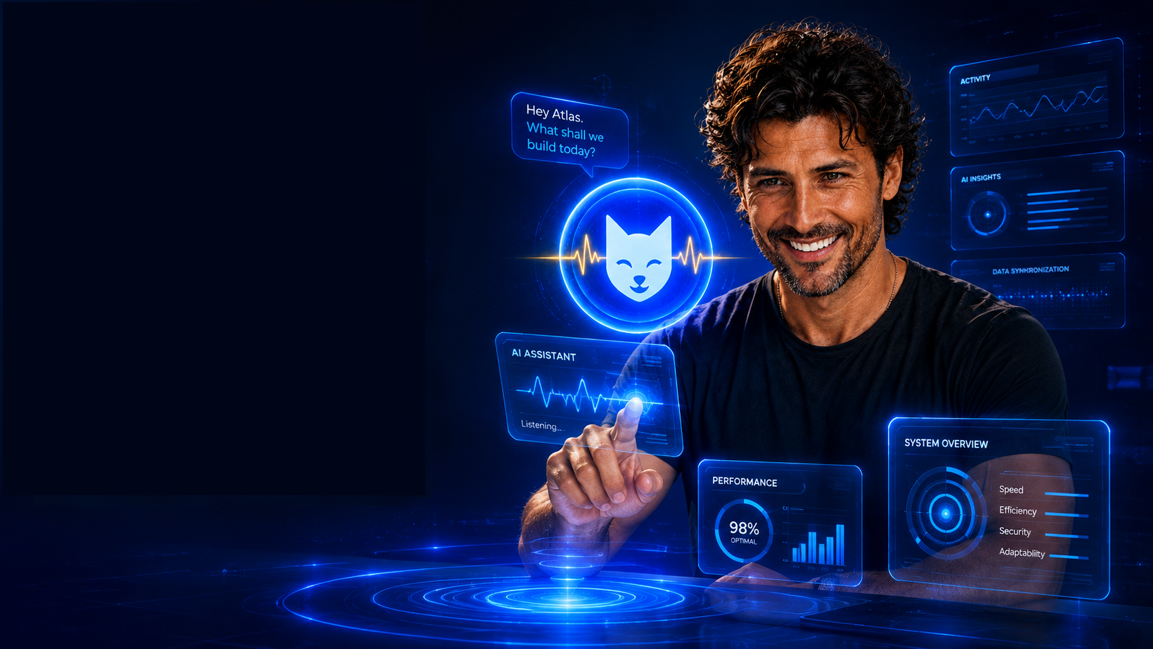 Atlas hero image showing the FOX app engineer in a futuristic blue interface environment